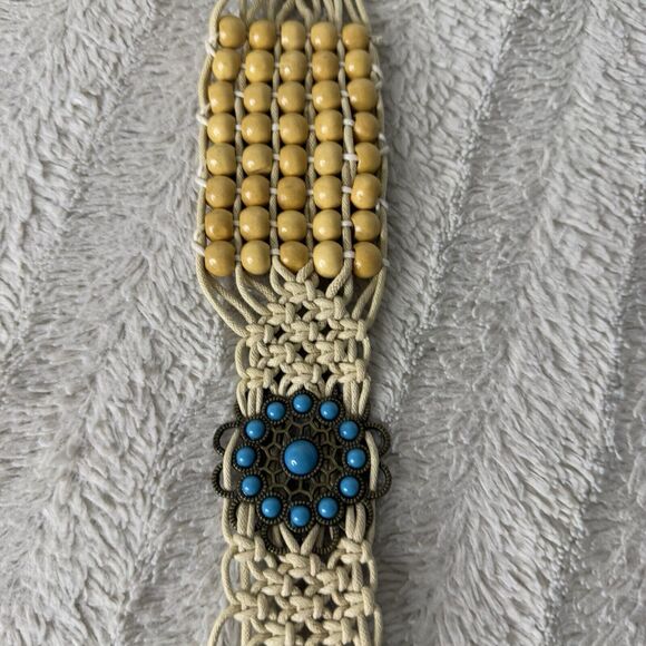 Macrame Beaded Tie Waist Belt Retro Western Boho Festival Turquoise Color Detail - Picture 2 of 7